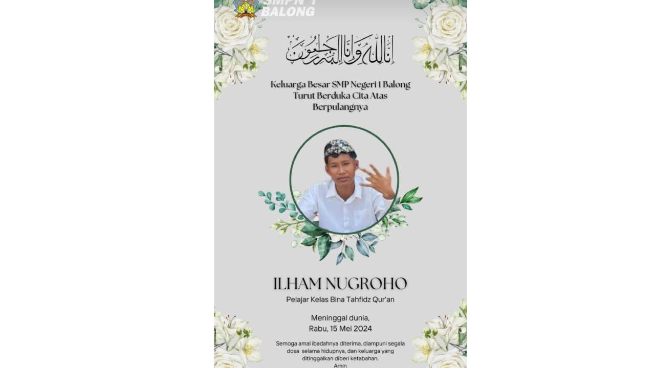 Kabar meninggalnya korban Ilham Nugroho melalui media sosial. (Foto: unggahan di Instagram @smpn1balong).