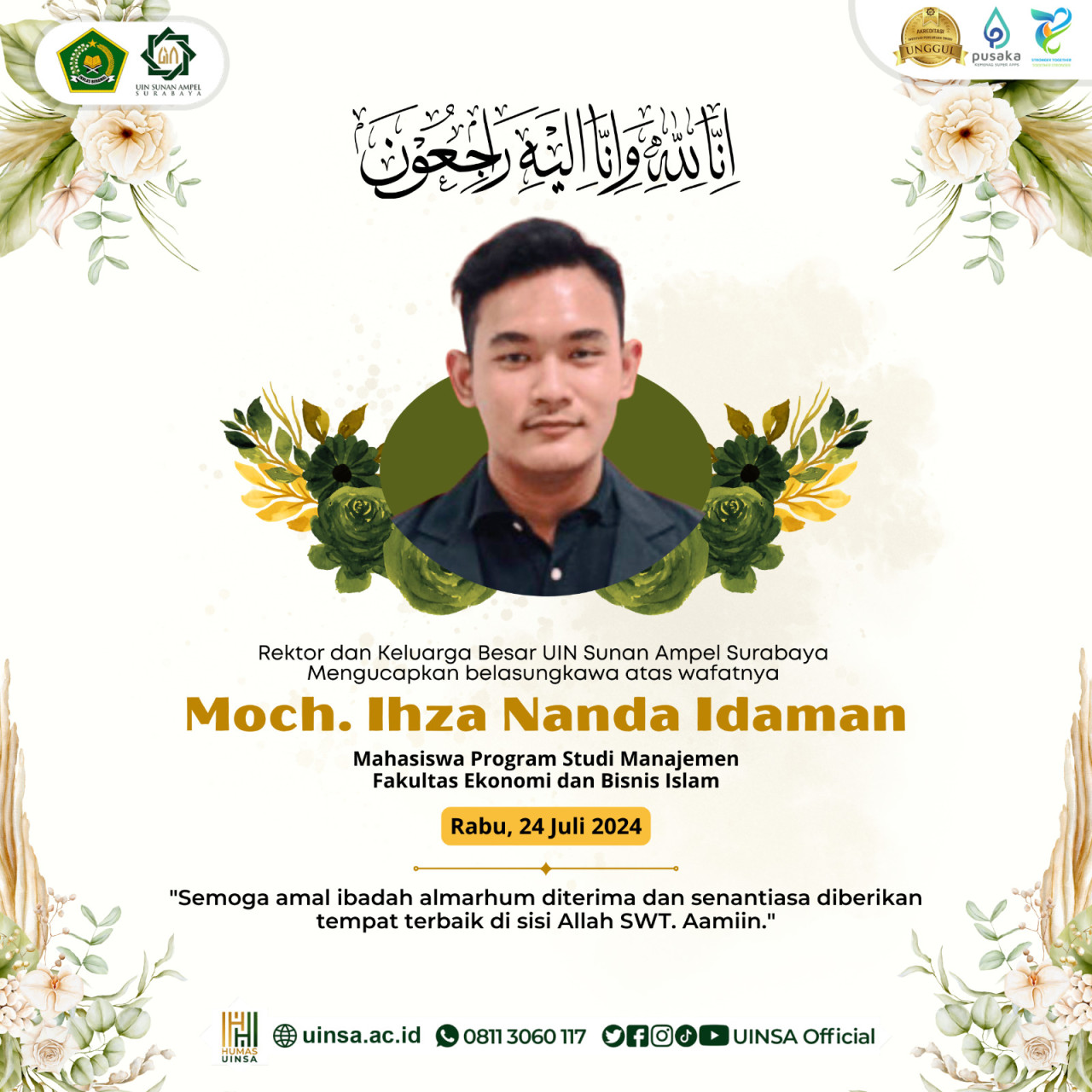 Korban meninggal Moch Ihza Nanda Idaman mahasiswa dari program studi Manajemen Fakultas Ekonomi dan Bisnis Islam (Dok IG Uinsa)