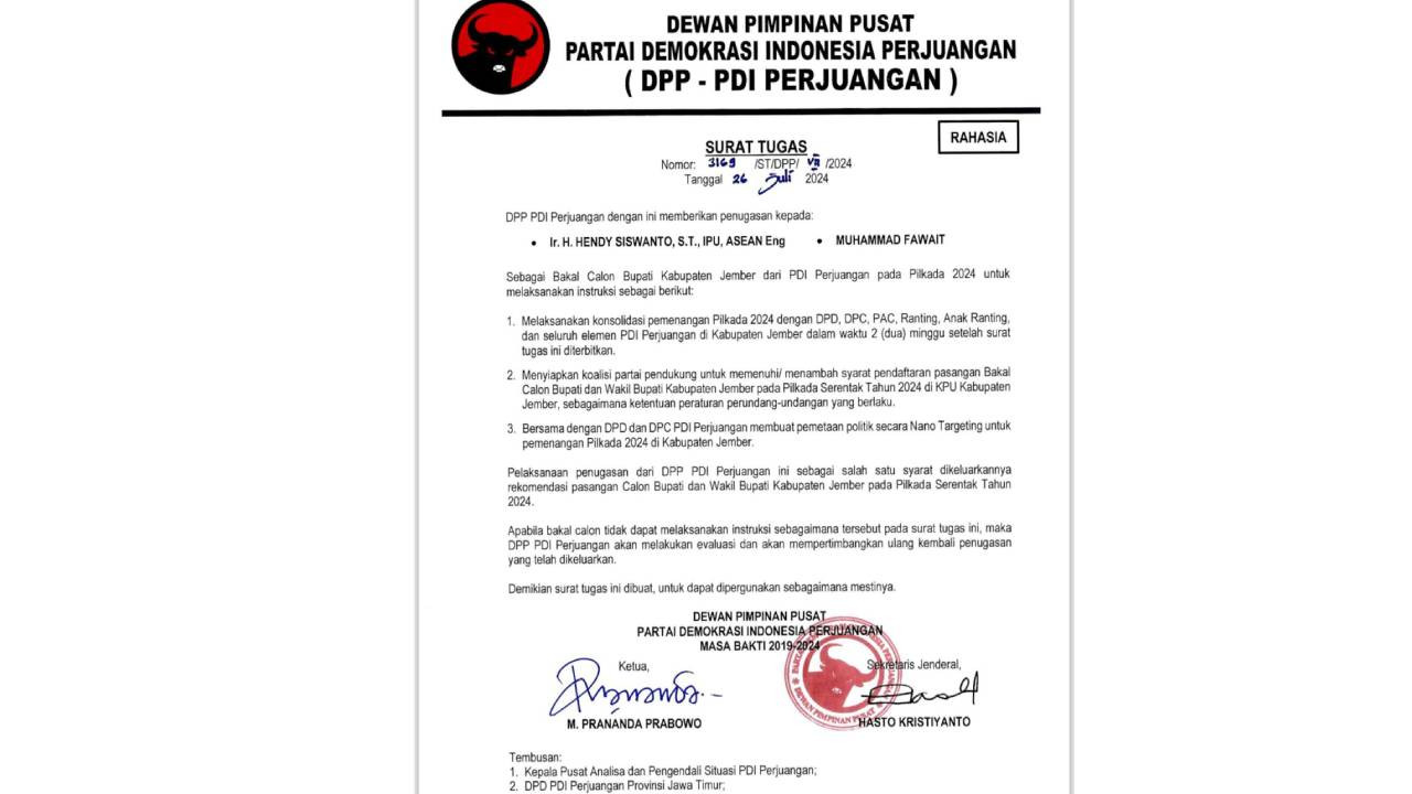 Surat Tugas pada Hendy dan Fawait maju Pilkada Jember (Foto: tangkapan layar media sosial)