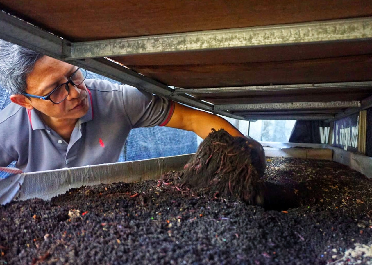 Rudy Dwi Winarko warga Desa Sawotratap, Sidoarjo dan budidaya cacing tanahnya. (Foto: Ahaddiini HM/jatimnow.com)