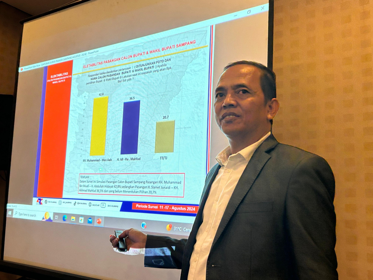 Direktur ARCI Baihaki Sirajt saat memaparkan hasil survei di Surabaya. (Foto: Ni'am Kurniawan/jatimnow.com)