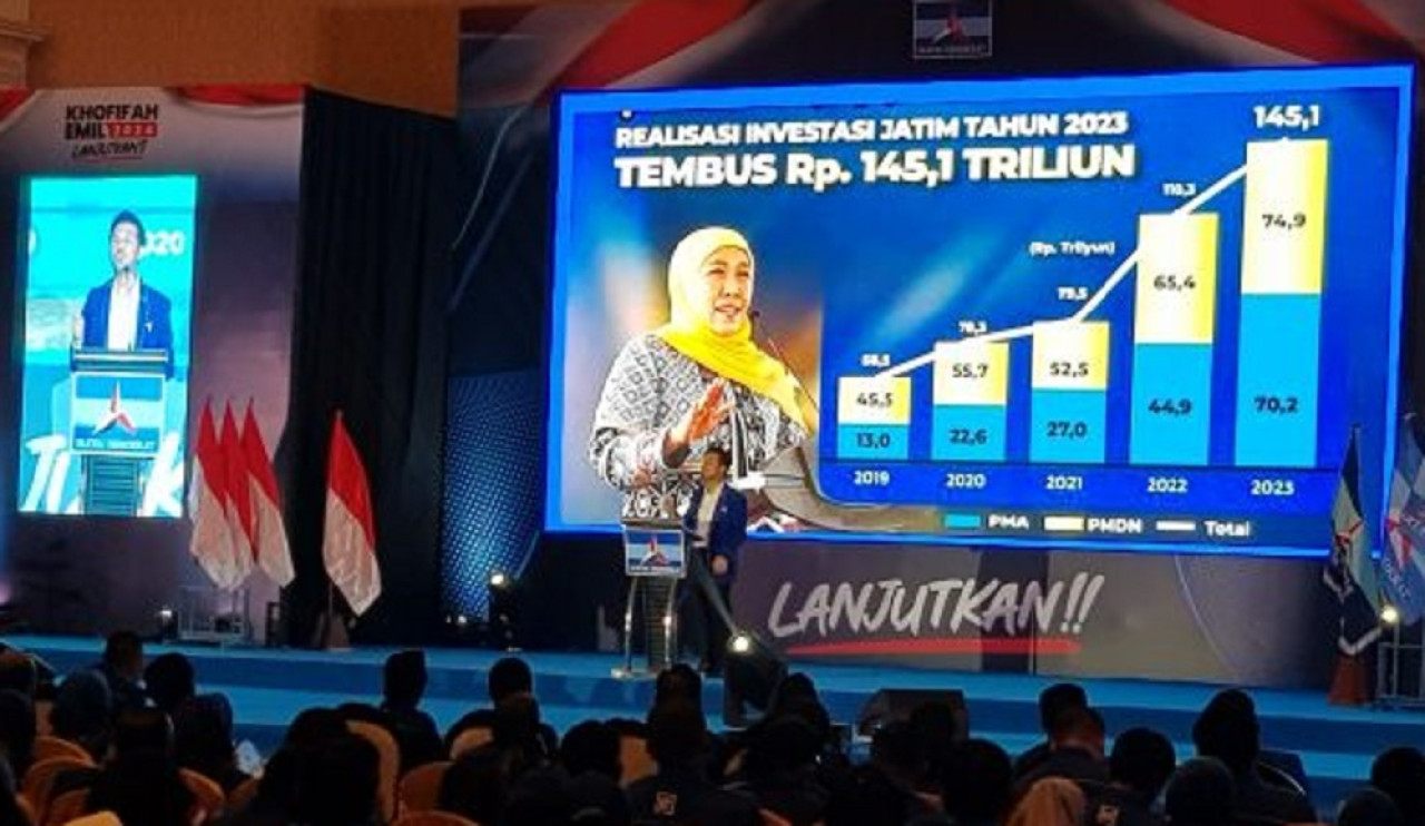 Ketua DPD Demokrat Jatim, Emil Elestianto Dardak saat memberi sambutan dalam Rakerda. (Foto: Bagus for jatimnow.com)