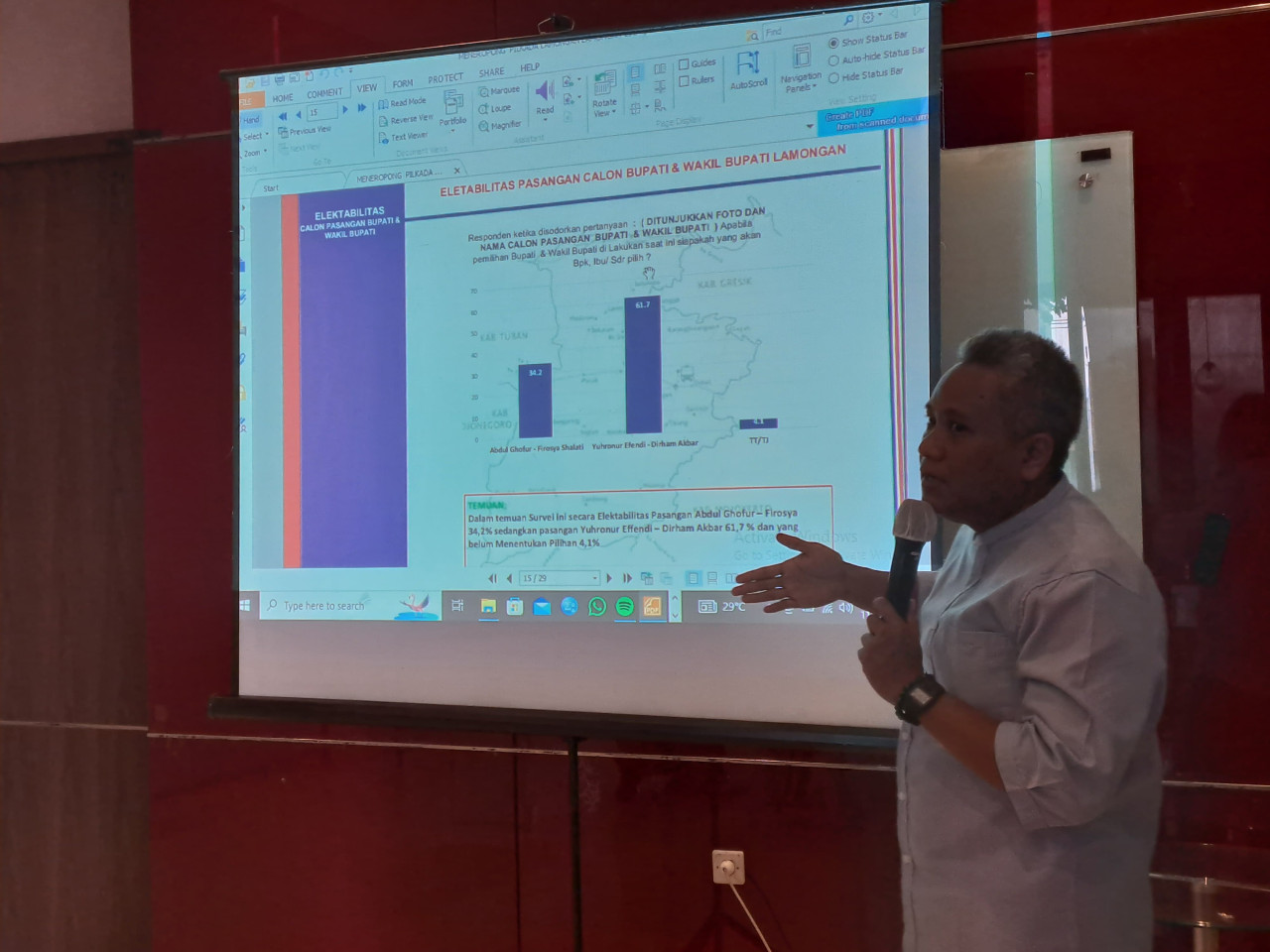 Direktur ARCI Dhenny Fahrain saat merilis hasil survei Pilkada Lamongan. (Foto: Adyad Ammy Iffansah/jatimnow.com)