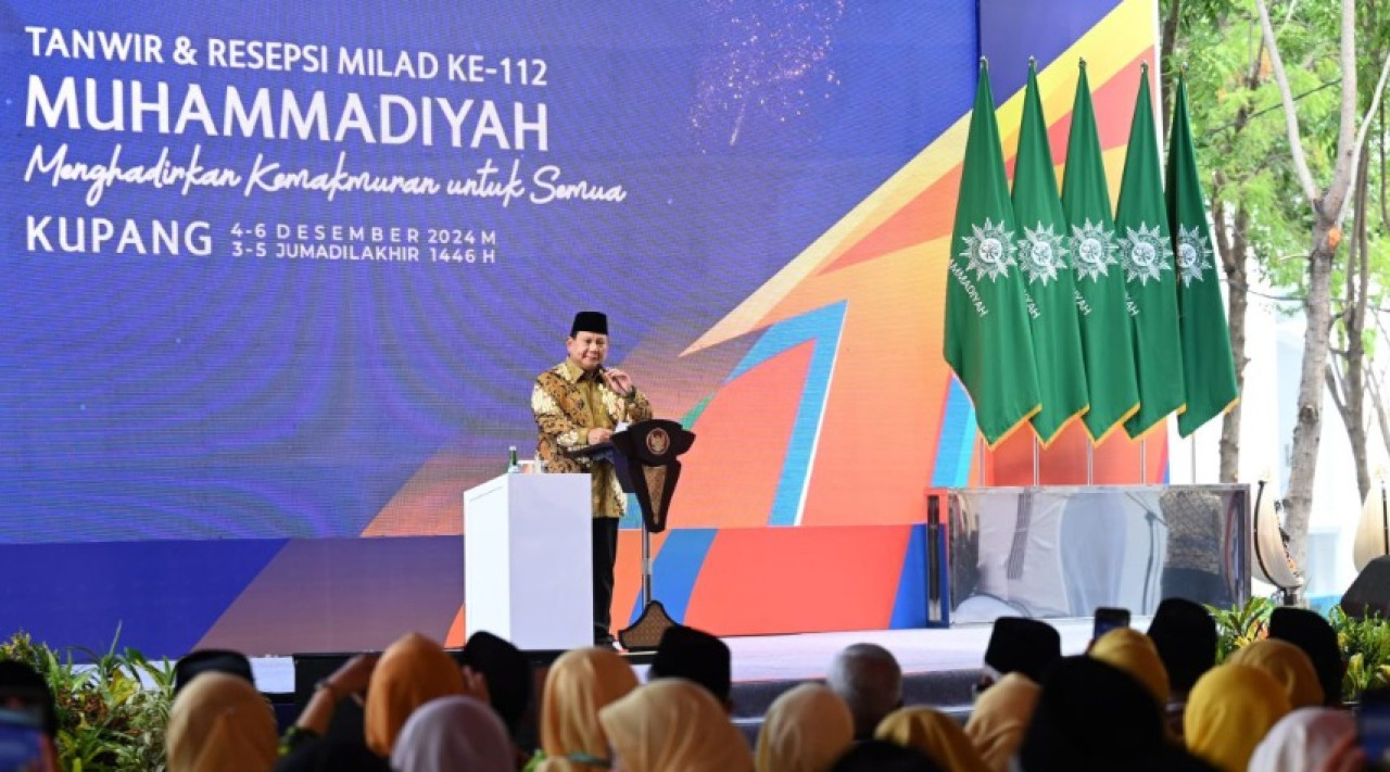 Presiden Prabowo saat sambutan pada Sidang Tanwir dan Resepsi Milad ke-112 Muhammadiyah . (Foto: BPMI Setpres)