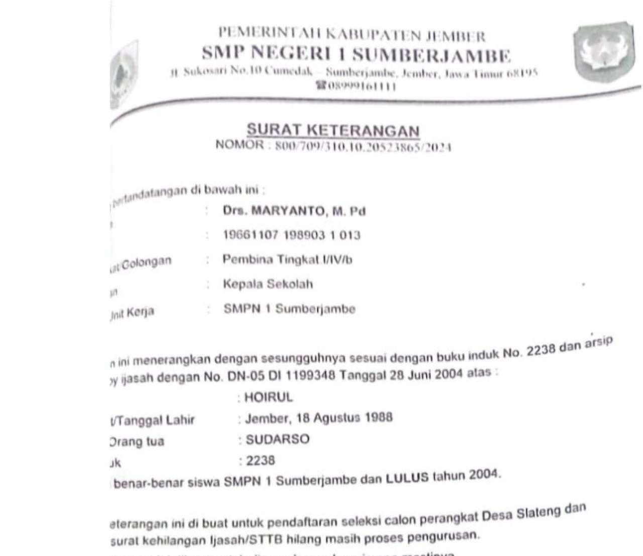 Surat Keterangan dari sekolah milik salah satu peserta seleksi perangkat Desa Slateng (Foto: tangkapan layar media sosial)