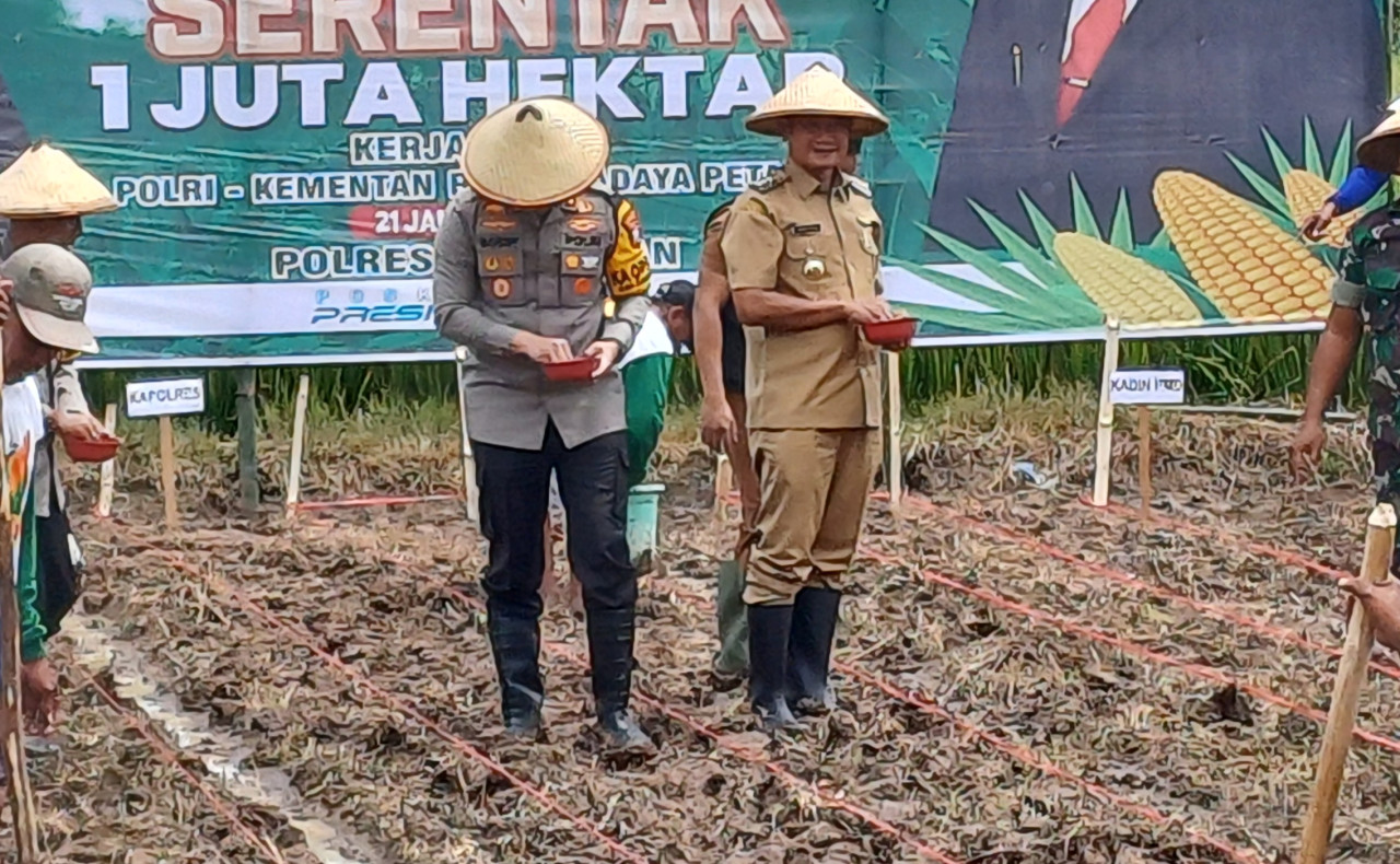 Bupati Lamongan, Yuhronur Efendi saat giat tanam jagung 1 juta hektar. (Foto : Adyad Ammy Iffansah/jatimnow.com)