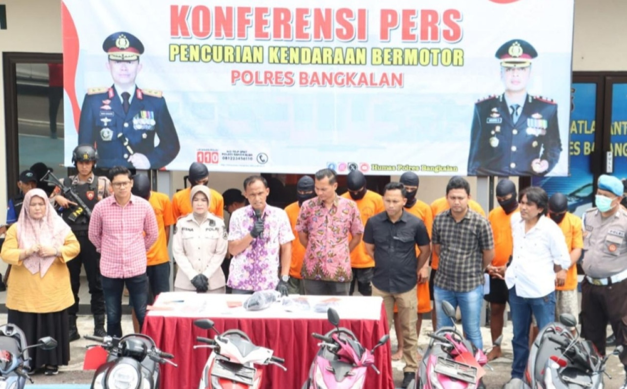 Rilis tangkapan pelaku curanmor di Mapolres Bangkalan. (Foto: Fathor Rahman/jatimnow.com)