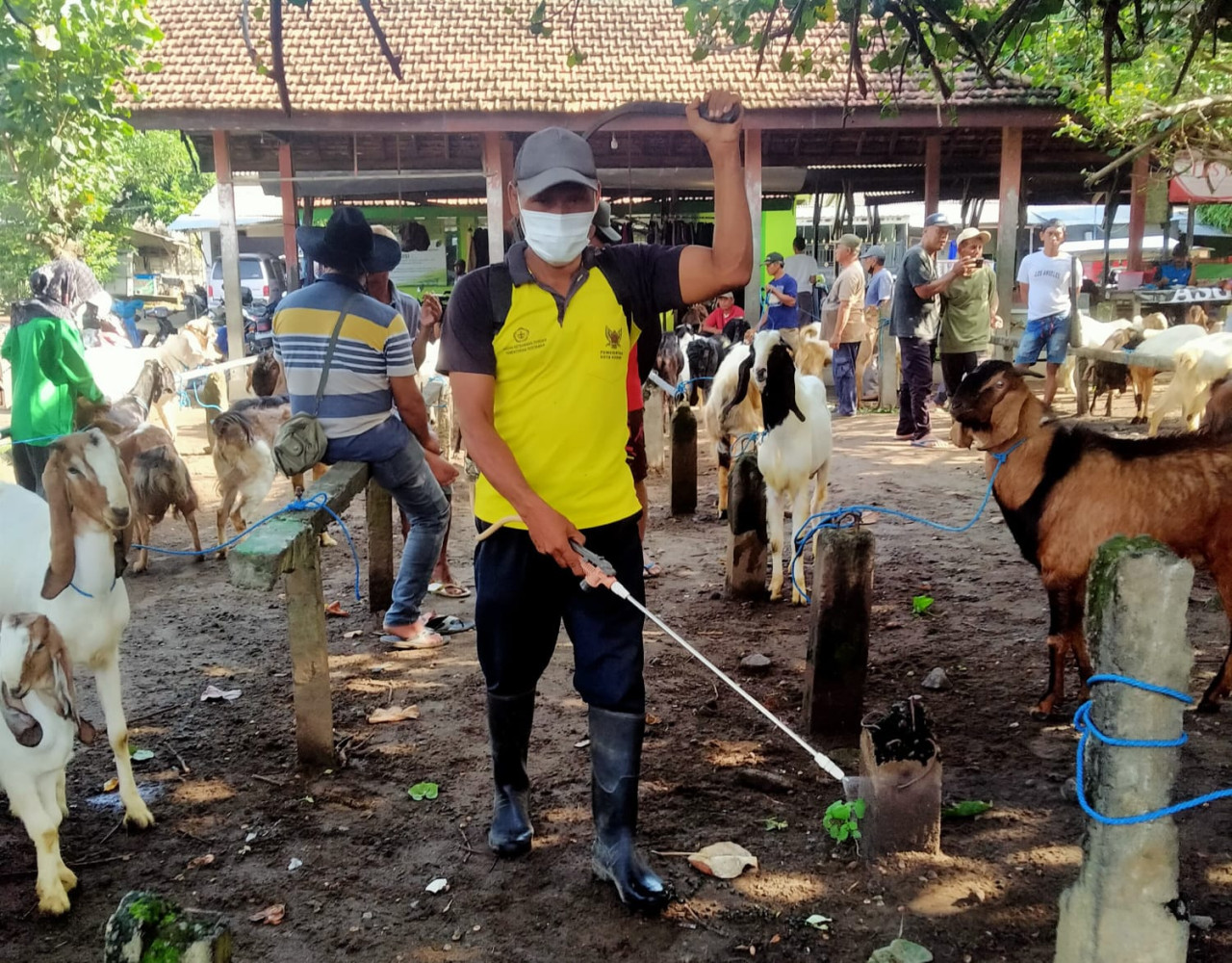 Penyemprotan disinfektan di Pasar Hewan. (Foto: Pemkot Kediri/jatimnow.com)