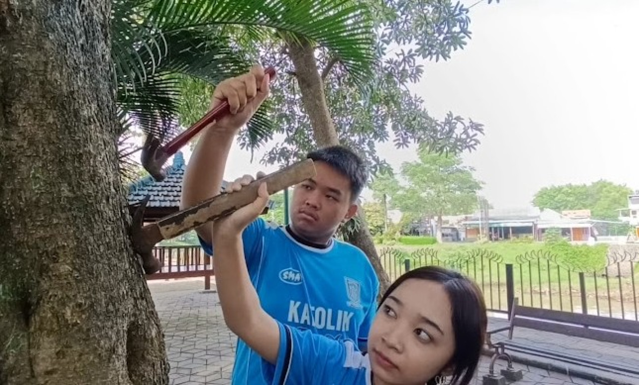 Siswa SMAK Santo Thomas Aquino saat mencabut paku di pohon. (Foto: Bramanta Pamungkas/jatimnow.com)