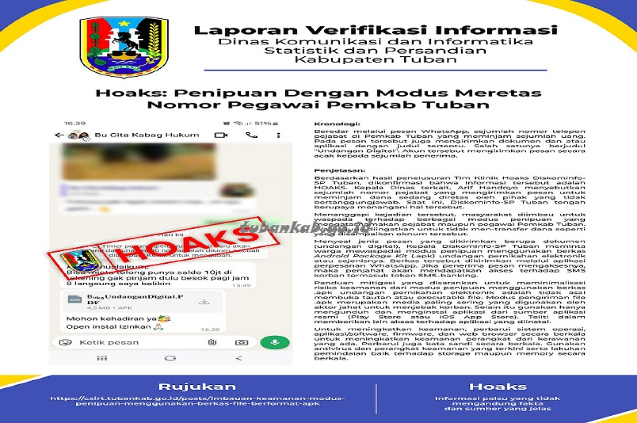 Pesan hoax yang beredar di aplikasi Whatapps. (Humas pemkab Tuban for jatimnow.com)