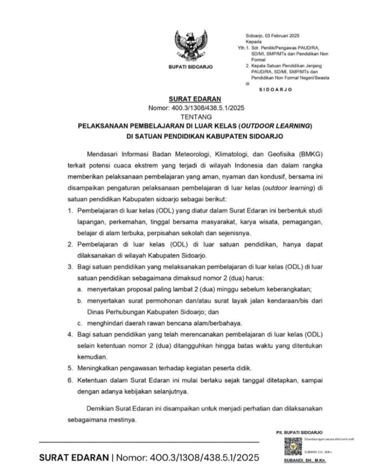 Surat Edaran Nomor 400.3/1308/438.5.1/2025 mengenai pelaksanaan pembelajaran di luar kelas (Outdoor Learning) yang diterbitkan Plt Bupati Sidoarjo, Subandi. (Foto: Kominfo Sidoarjo for jatimnow.com).