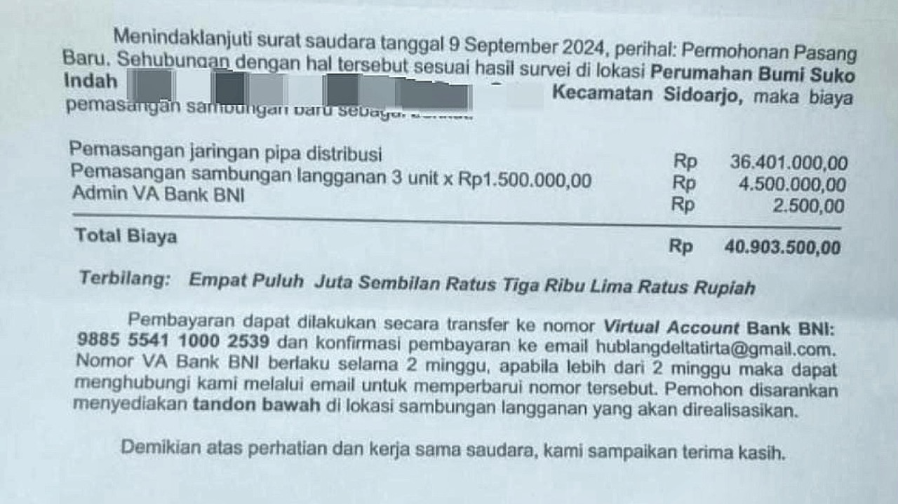 Warga Bumi Suko Sidoarjo Keluhkan Biaya Pemasangan PDAM Capai Rp40 Juta
