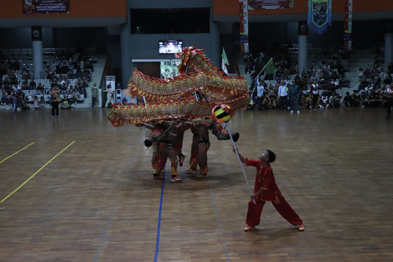 Aksi barongsai Kota Kediri di Porprov Jatim 2025. (Foto: KONI Kota Kediri/jatimnow.com)