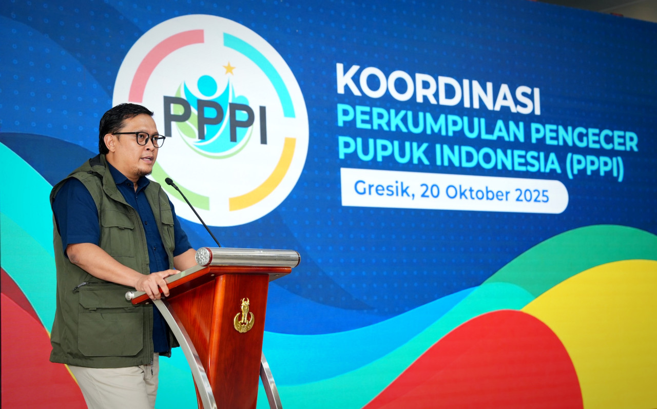 General Manager (GM) Regional 2 PT Pupuk Indonesia (Persero), Muhammad Ihwan F di acara TlTapat Koordinasi Perkumpulan Pengecer Pupuk Indonesia (PPPI).  (Pupuk Indonesia/jatimnow.com).