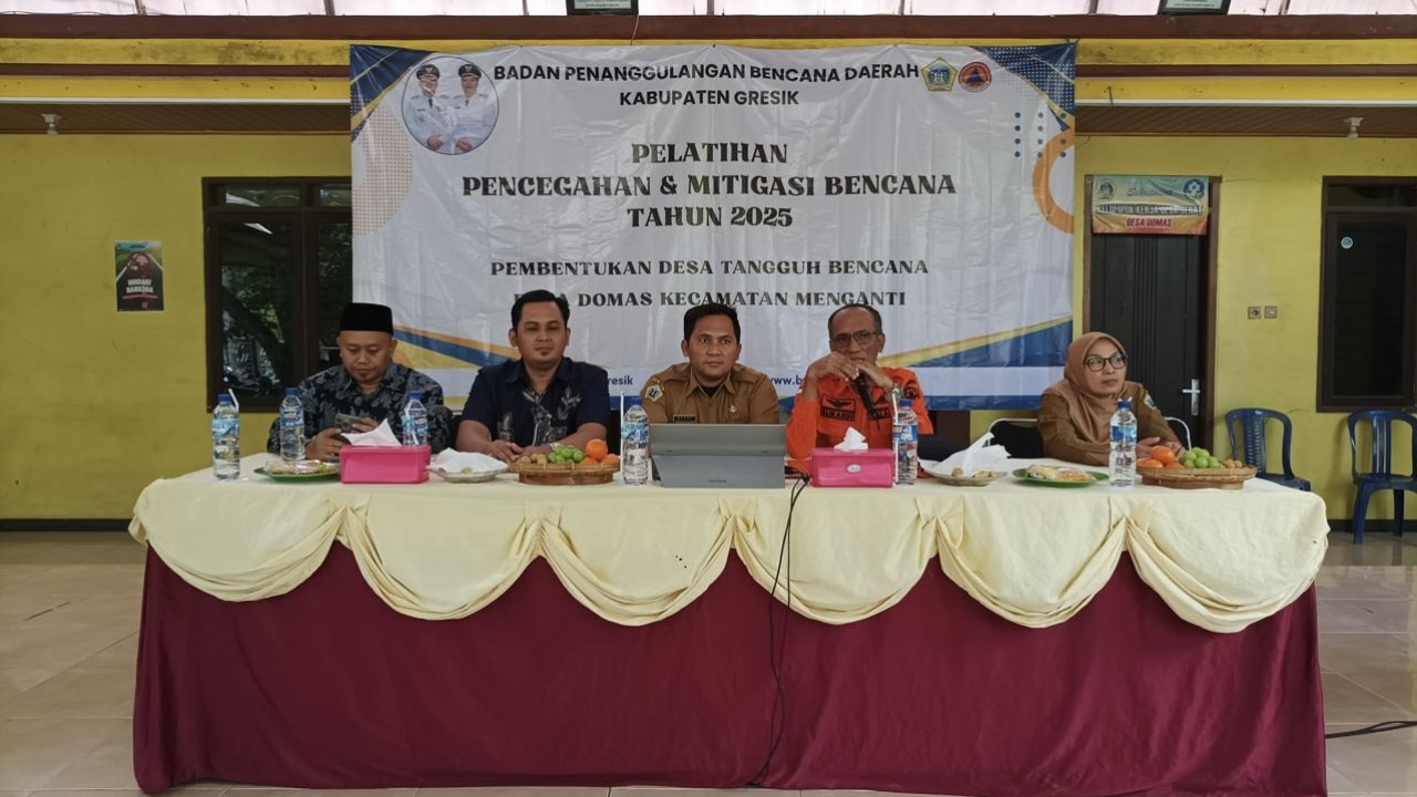 Acara Pelatihan Pencegahan dan Mitigasi Bencana 2025 di Desa Domas, Kecamatan Menganti, Kabupaten Gresik. (Foto: Sahlul Fahmi/jatimnow.com)
