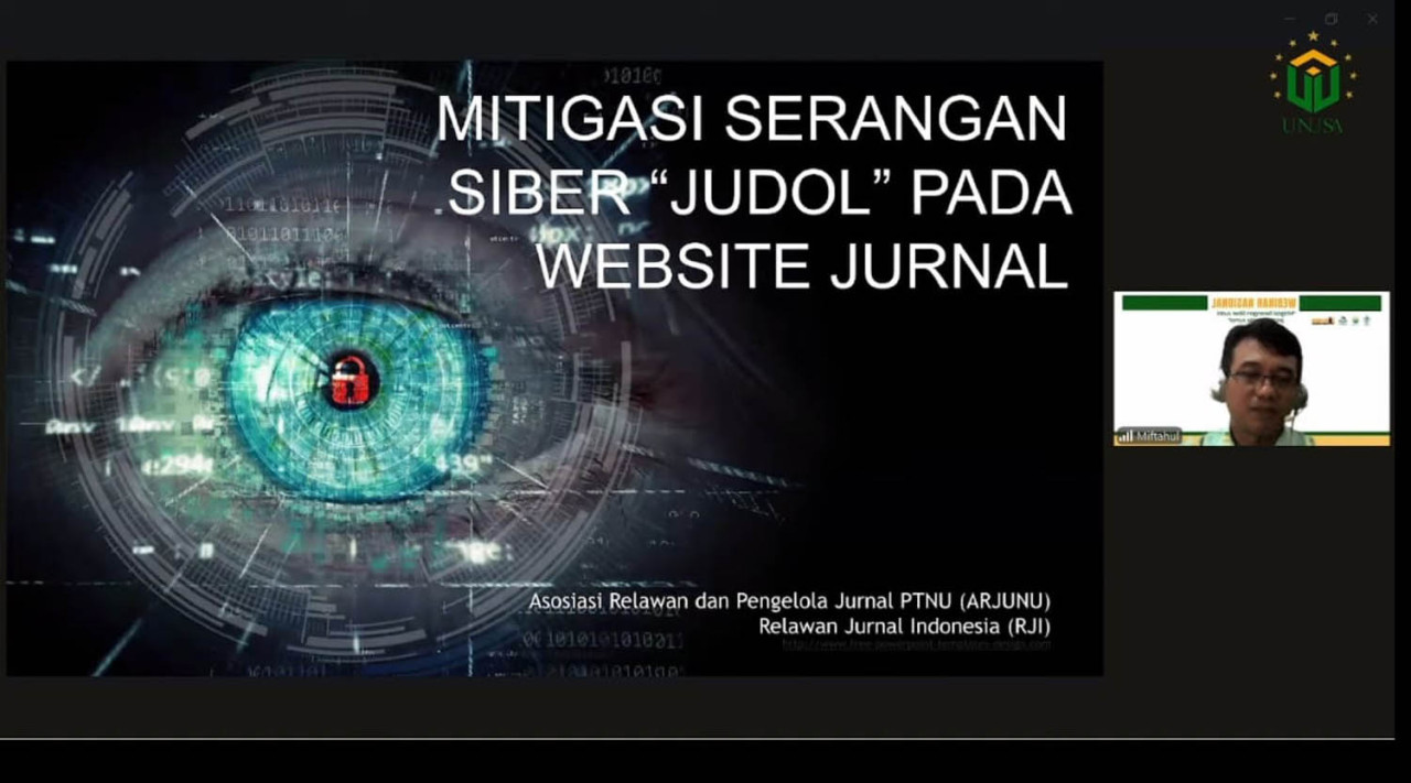 ARJUNU dan RJI gelar webinar nasional mitigasi serangan siber judol pada website jurnal ilmiah. (Foto/Tangkapan Layar)