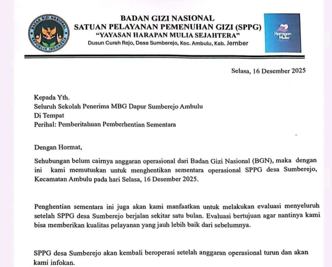 Dana MBG Belum Cair, SPPG Sumberejo Jember Berhenti Operasional