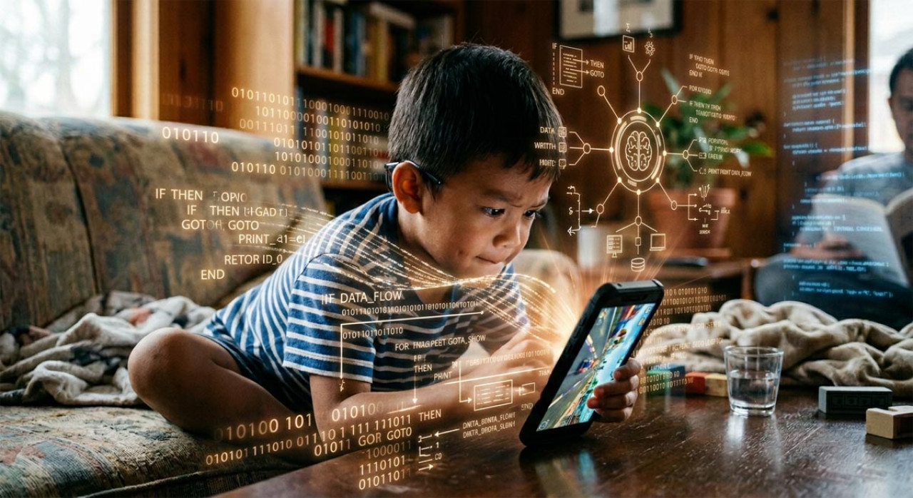 Algoritma bekerja berdasarkan engagement tanpa memedulikan dampak moral, sehingga menempatkan anak-anak sebagai objek eksploitasi data dan psikologis. (Foto Ilustrasi: Gemini/jatimnow.com)