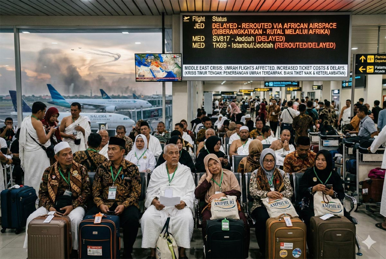 Konflik Timur Tengah berdampak langsung pada manajemen perjalanan jutaan jamaah asal Indonesia yang menuju tanah suci. (Foto: Ilustrasi/Gemini)