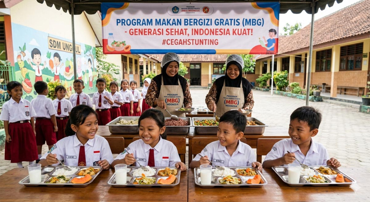 Program Makan Bergizi Gratis (MBG) hadir sebagai salah satu kebijakan paling ambisius dalam agenda pembangunan manusia Indonesia. (Foto ilustrasi: Gemini/jatimnow.com)