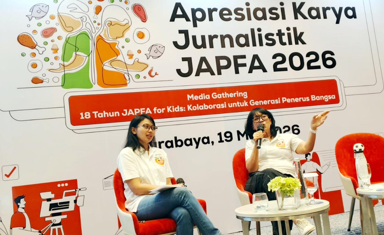 Head of Social Investment JAPFA, Retno Artsanti, menjelaskan perjalanan 18 Tahun JAPFA for Kids di Surabaya, Selasa (19/5/2026). (Foto: Ali Masduki/jatimnow.com)