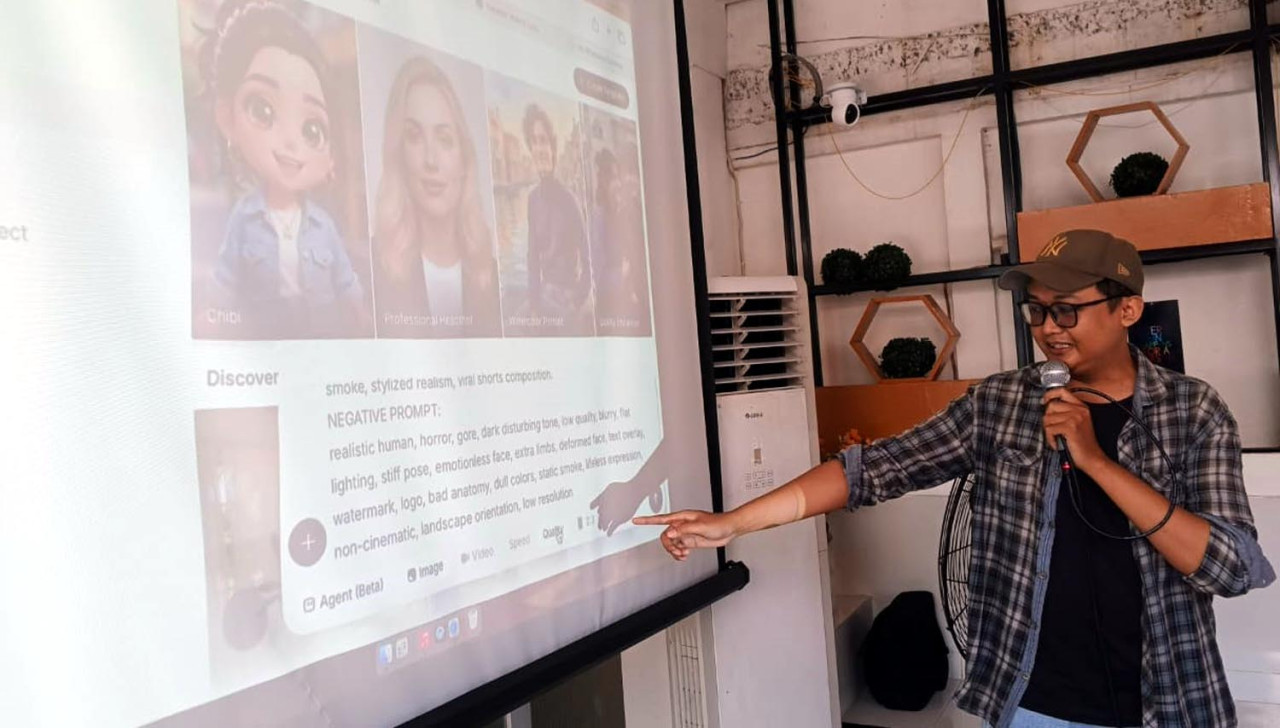 Praktisi AI Filmmaker Rumah Literasi Digital (RLD), Deni Adi Santoso, saat menjadi pemateri dalam pelatihan bertajuk "AI Short Content Creator" di Hanaka Social Space, Selasa (5/5/2026). (Foto: Ali Masduki/jatimnow.com)
