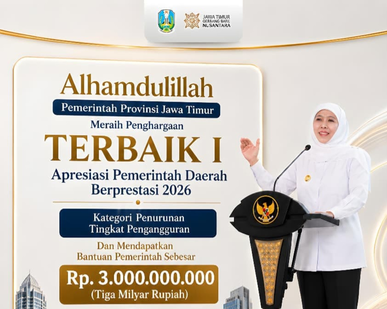 Pemprov Jatim raih penghargaan Terbaik I Kategori Penurunan Tingkat Pengangguran (TPT). (Foto: Pemprov Jatim for jatimnow.com)