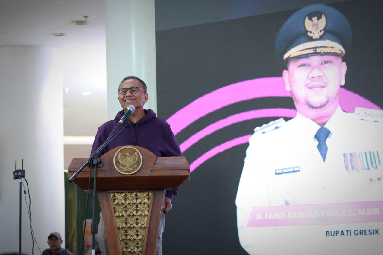Dahlan Iskan saat di acara Job Fair Gresik Job Fair Tematik 2026. (Foto: Sahlul Fahmi/jatimnow.com)
