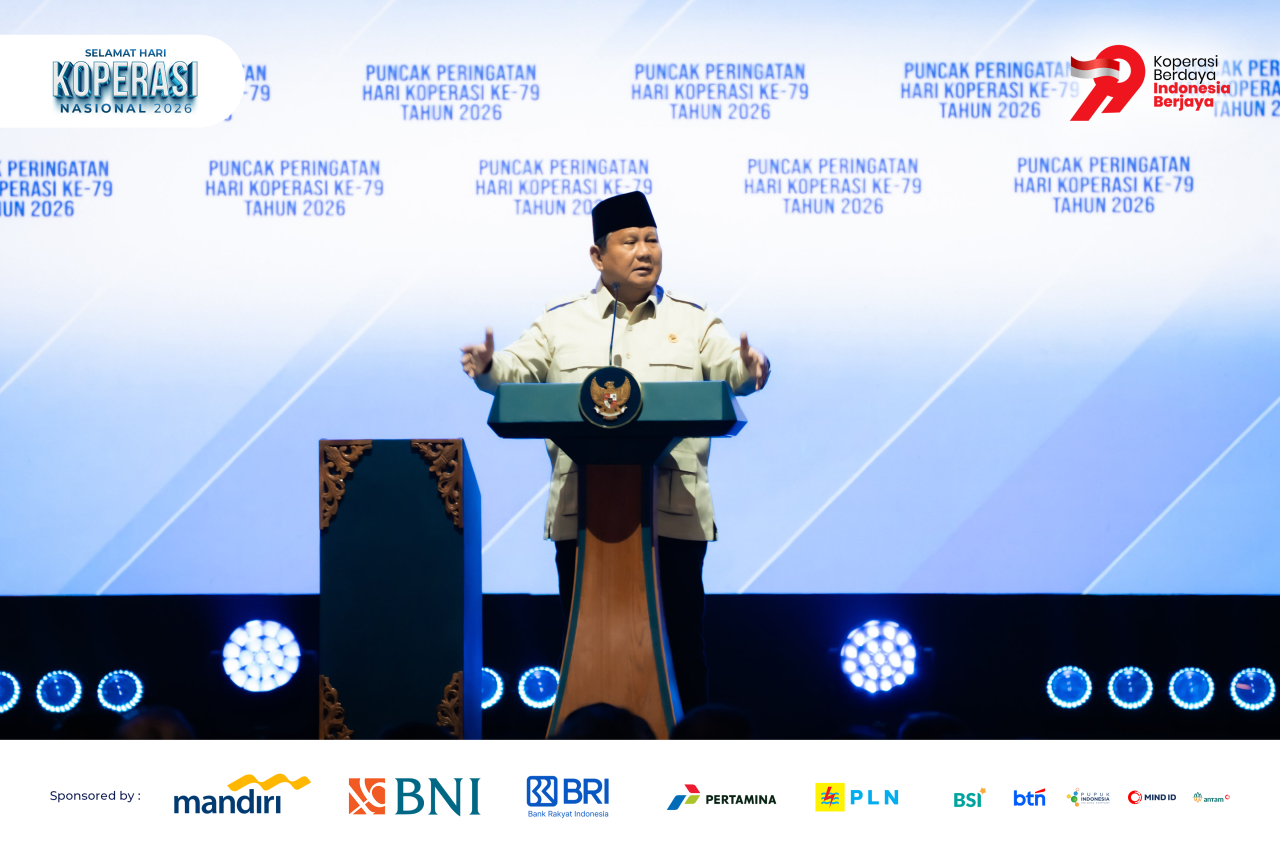 Presiden Prabowo memberikan sambutan pada Puncak Peringatan Hari Koperasi Nasional (Harkopnas) ke-79 Tahun 2026. (Foto: DEKOPIN for jatimnow.com)
