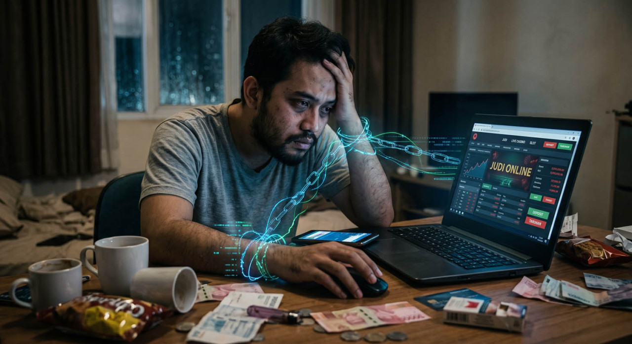 Dampak judi online yang bisa merembet pada hukum, ekonomi keluarga, dan bansos. (Foto: Ilustrasi/Gemini AI)