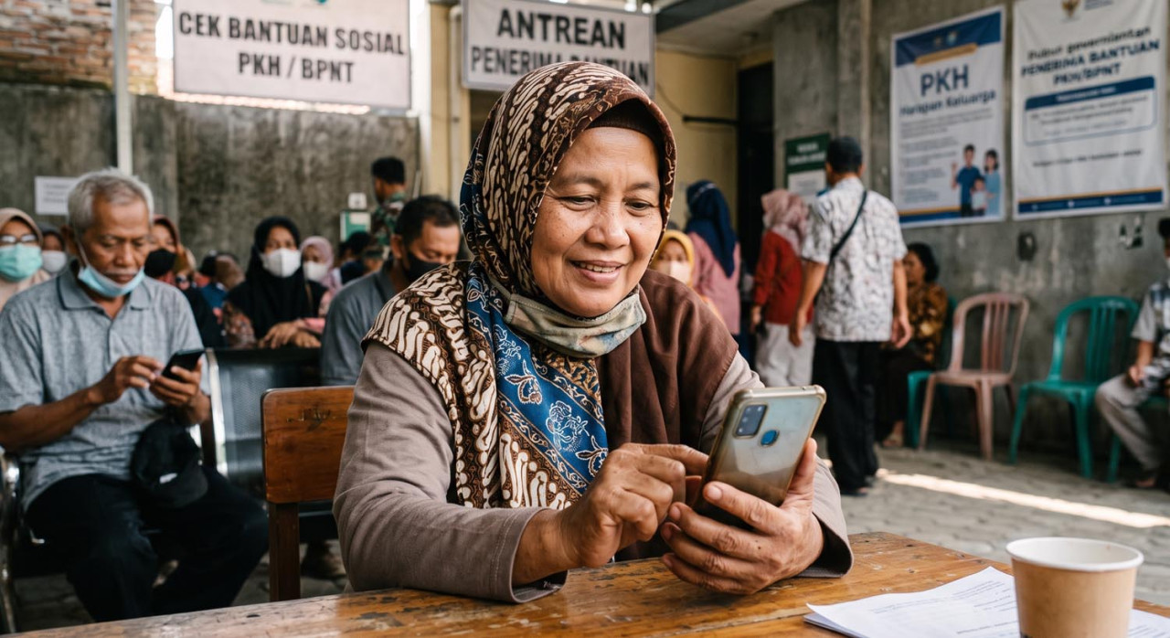 Masyarakat dapat mengecek status bansos Kemensos menggunakan NIK KTP 16 digit melalui situs resmi Cek Bansos. (Foto ilustrasi: Gemini AI/jatimnow.com)