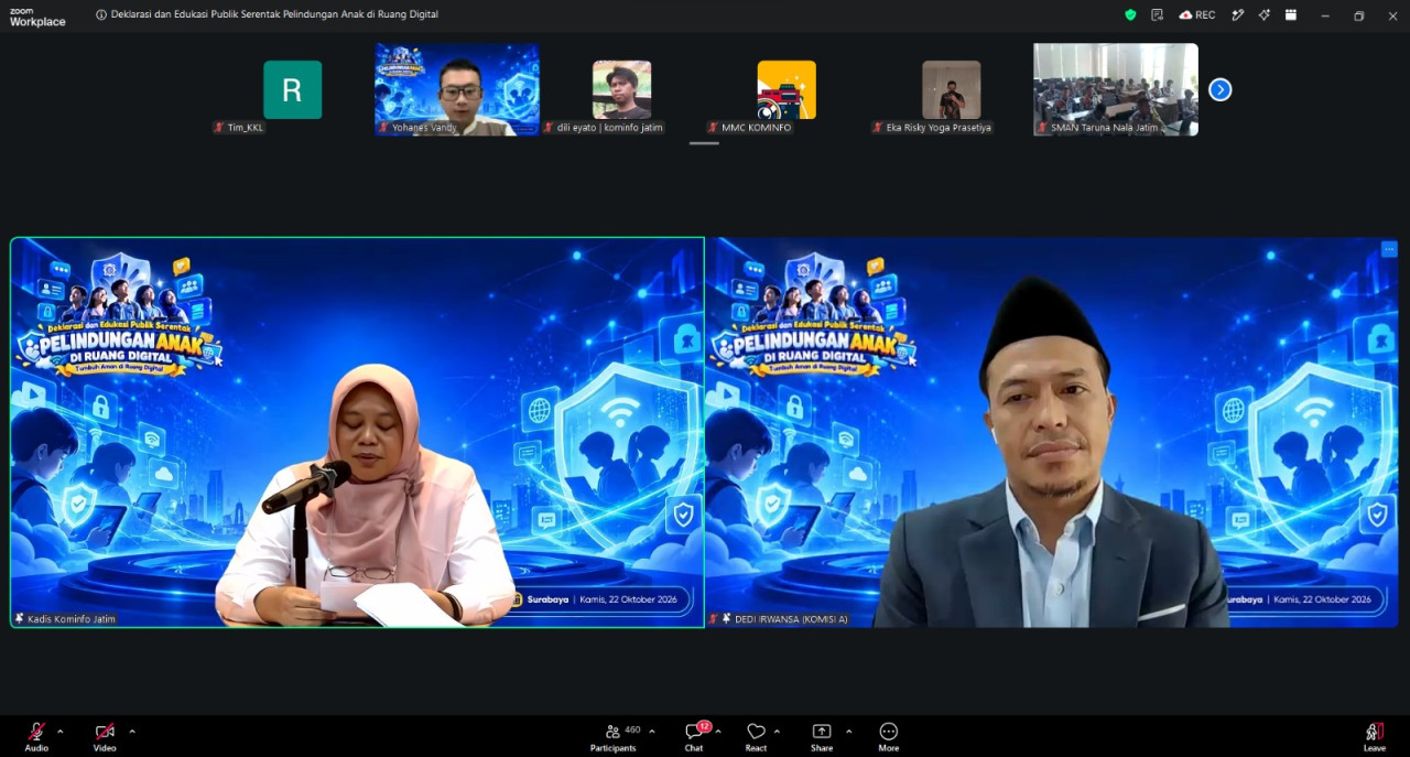Rekaman layar Deklarasi dan Edukasi Publik Serentak Pelindungan Anak  di Ruang Digital bertema Tumbuh Aman di Ruang Digital Dinas Kominfo Jawa Timur (foto: Kominfo Jatim for jatimnow.com)