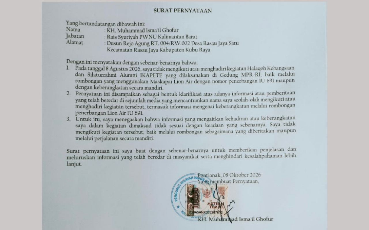 Melalui pernyataan tertulis, Isma'il menegaskan tidak pernah menghadiri rangkaian agenda Halaqoh Kebangsaan maupun Silaturrahmi Alumni IKAPETE di Gedung MPR RI, serta pertemuan di Hotel Royal Kuningan pada 8 Agustus 2026. (Foto/jatimnow.com)