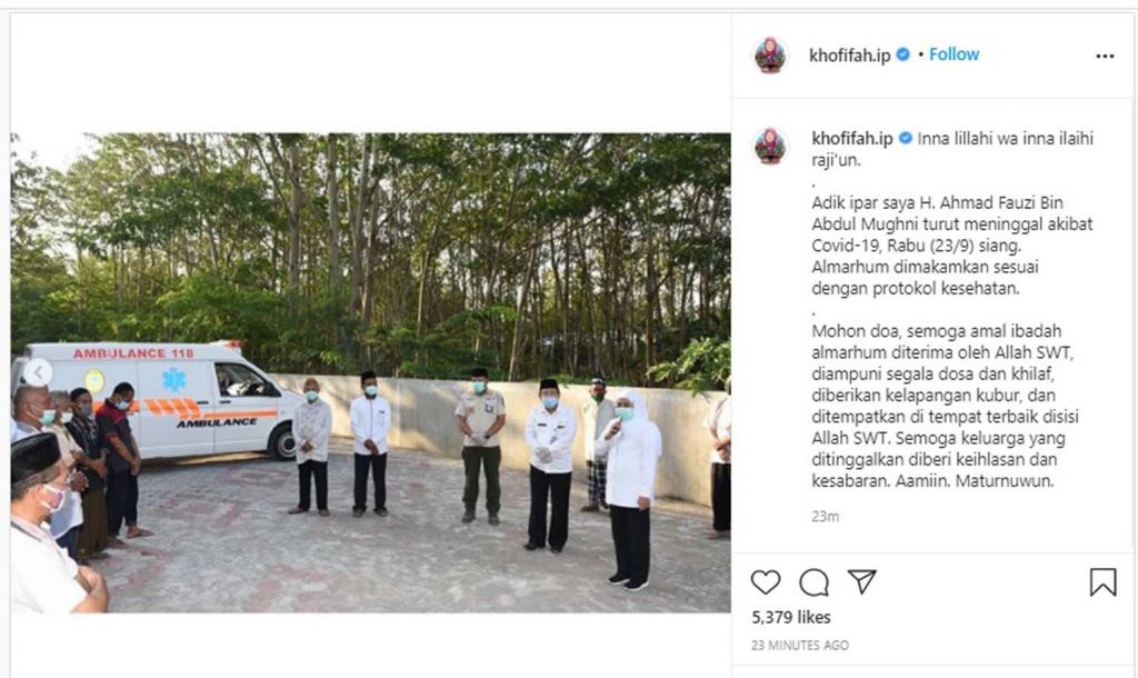 Tangkapan layar postingan akun Instagram Gubernur Jatim Khofifah Indar Parawansa @khofifah.ip