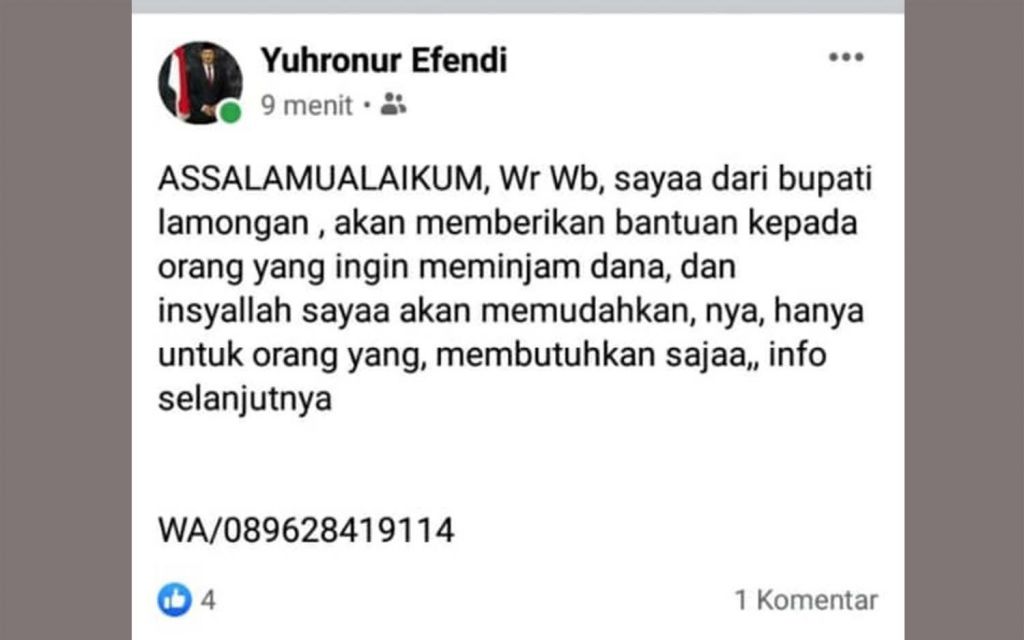 Postingan akun Facebook yang mencatut nama dan foto Bupati Lamongan, Yuhronur Efendi
