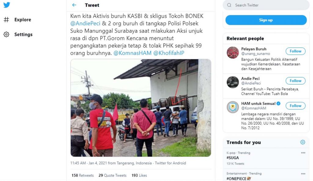 Tangkapan layar postingan akun Twitter Pelayan Buruh