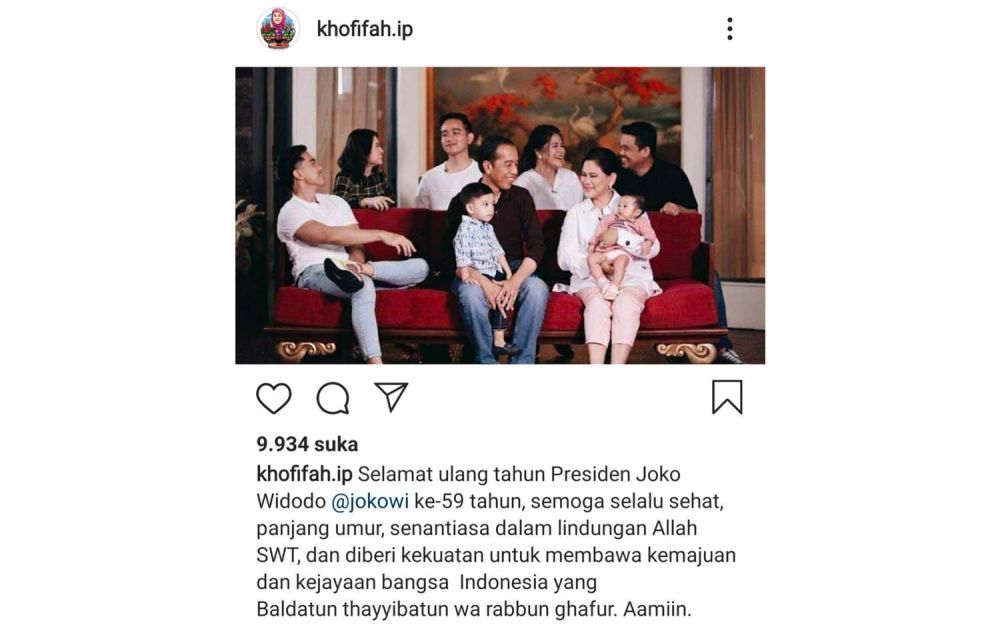 Gubernur Jatim Khofifah Indar Parawansa mengucapkan selamat ulang tahun kepada Presiden Jokowi melalui akun Instagramnya @khofifah.ip