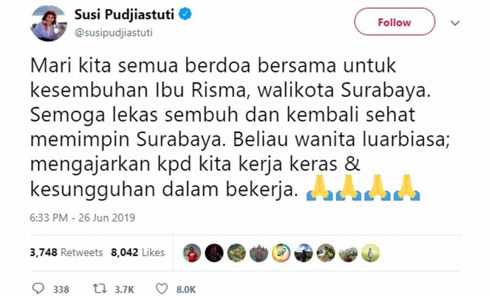 Menteri Susi mendoakan kesembuhan Wali Kota Risma