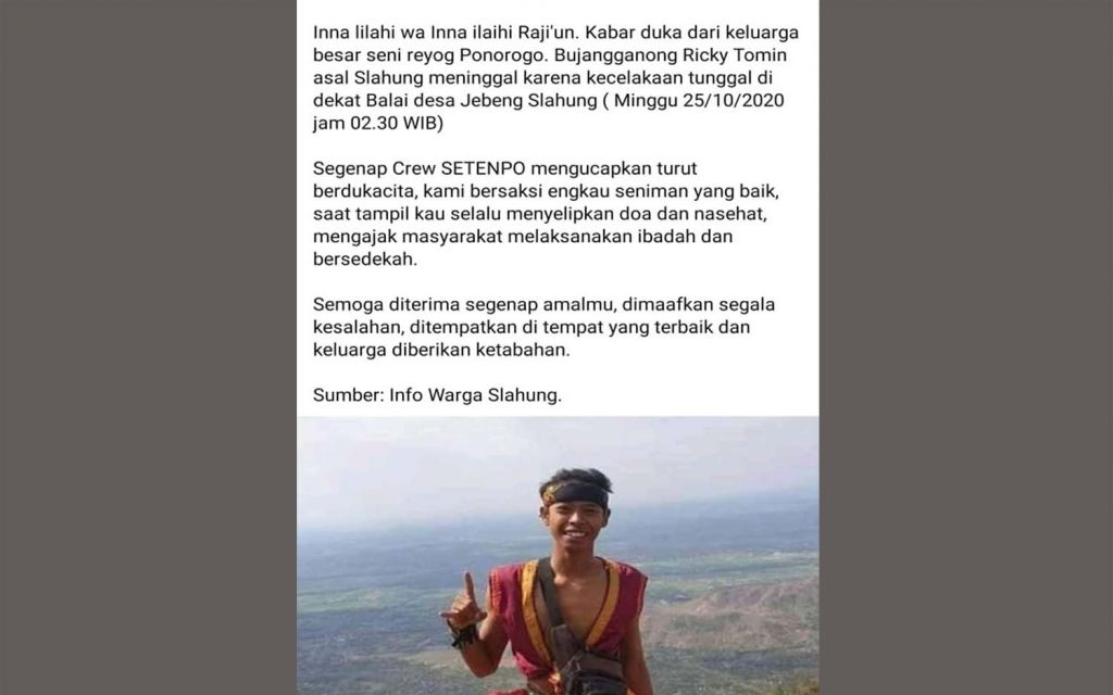 Ucapan belasungkawa atas meninggalnya seorang Bujangganong di Ponorogo yang tersebar di media sosial