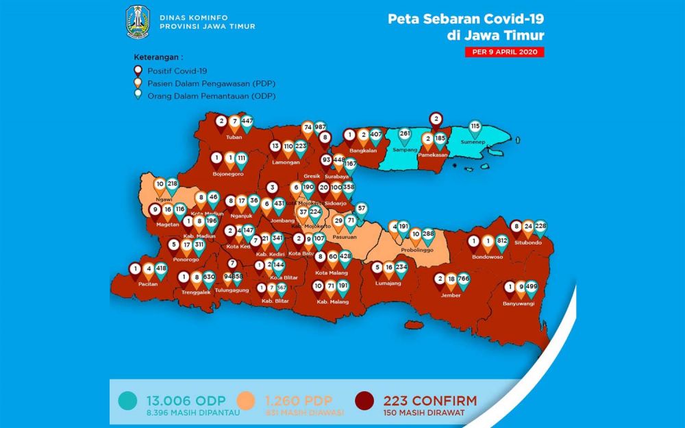 Peta sebaran Covid-19 di Jatim per Kamis (9/4/2020)
