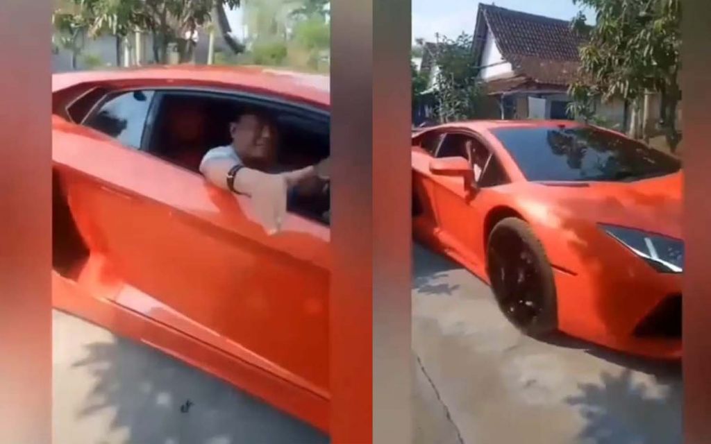 Kolase tangkapan layar video crazy rich bawa Lamborghini saat pulang kampung ke Desa Ngayung, Lamongan