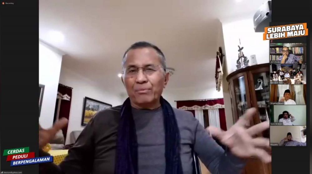 Dahlan Iskan saat mengikuti pertemuan virtual bersama Machfud Arifin, Ketua DMI Surabaya Arif Afandi serta tokoh lainnya
