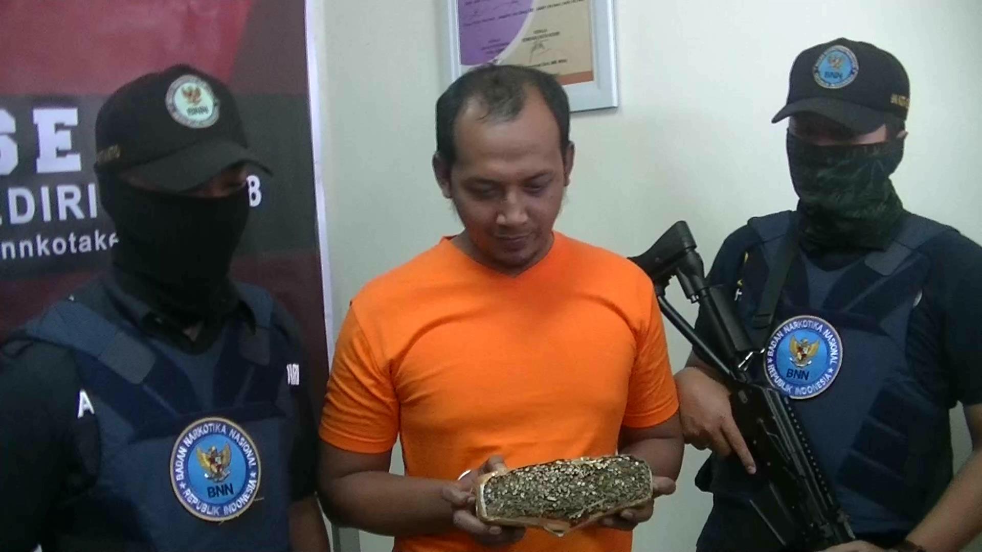 Pelaku bersama barang bukti ganja yang disita BNN/Foto: Wanda R Putri