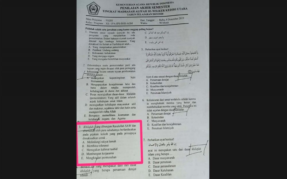 Kronologi Munculnya Tulisan Khilafah Pada Soal Ujian Sekolah di Kediri