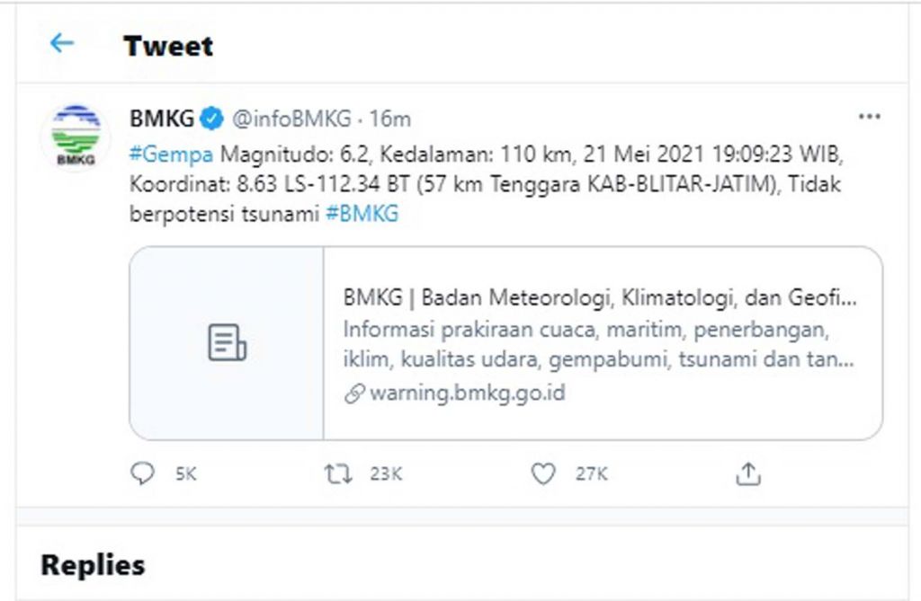 Info resmi gempa di Blitar dari BMKG melalui akun Twitternya