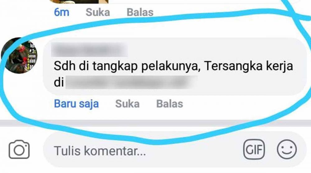 Salah satu koemntar warganet di Facebook yang menyebut bahwa pelaku sudah tertangkap 