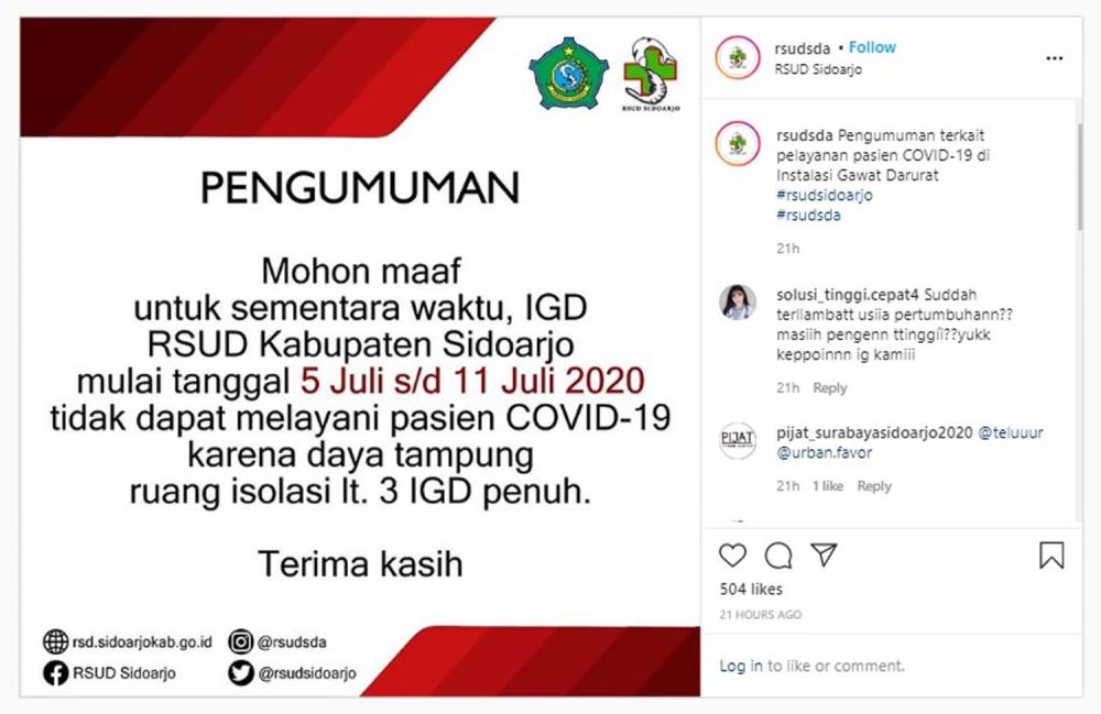 Tangkapan layar postingan akun Instagram RSUD Sidoarjo @rsusda