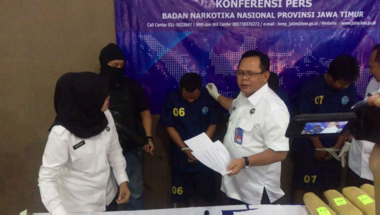 Petugas menunjukkan tersangka dan barang bukti ganja yang disita.