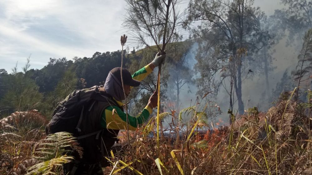 Petugas berupaya memadamkan api yang membakar Curah Seriti Gunung Arjuno