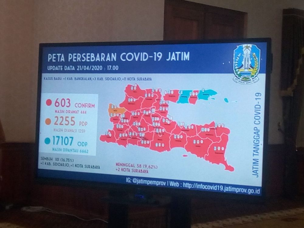 Peta sebaran Covid-19 di Jatim per 21 April 2020